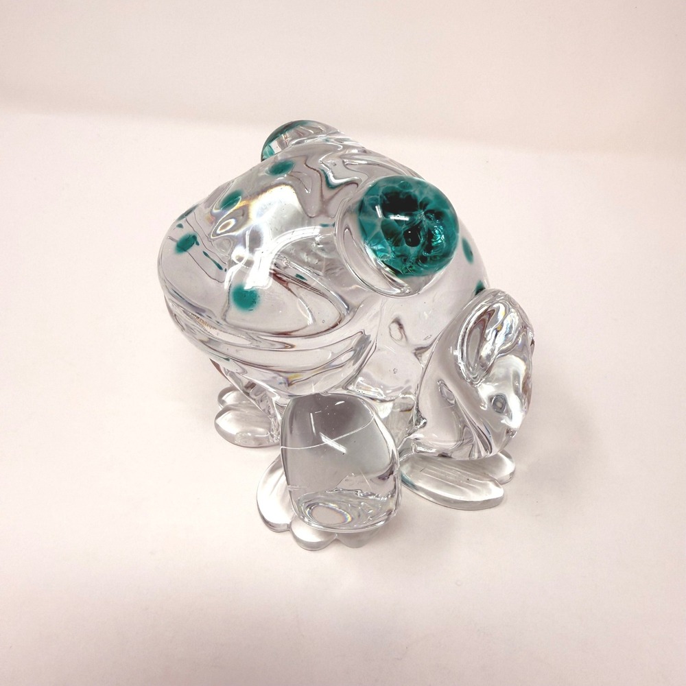 Art Glass Frog Figurine Clear with Teal Polka Dots‎ Hand Blown Paperweight 3.5"